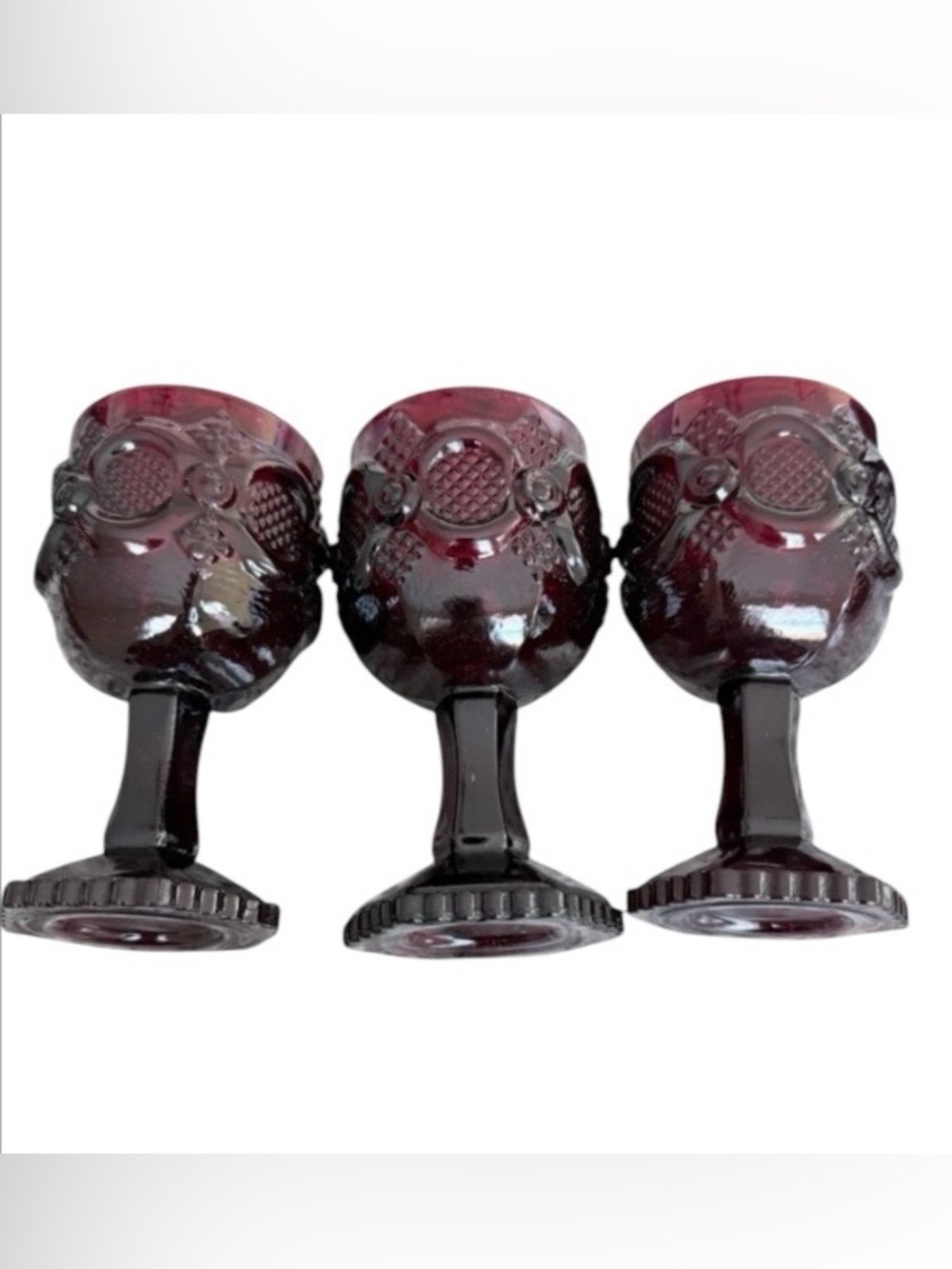 Vintage Avon Cape Cod Rosette (3) ruby red glass goblets and (1) ruby red bell - Picture 4 of 4